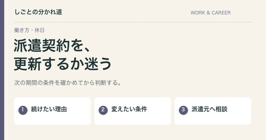 派遣契約を更新するか迷う。返事の前に確かめる条件と相談先